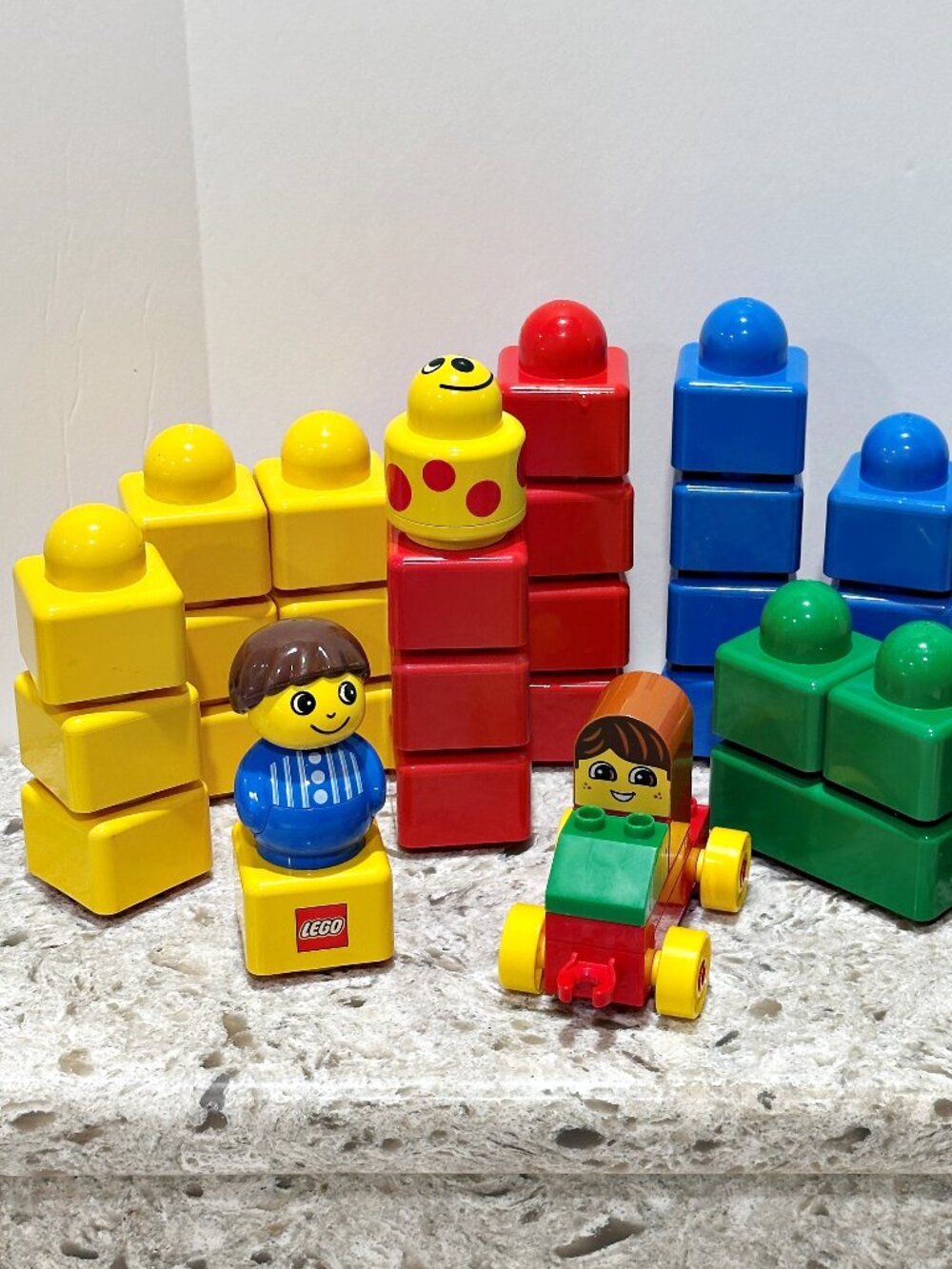 VTG LEGO Duplo Primo Building Blocks Lot Boy Rattle Car 30+ Pieces Primary Color